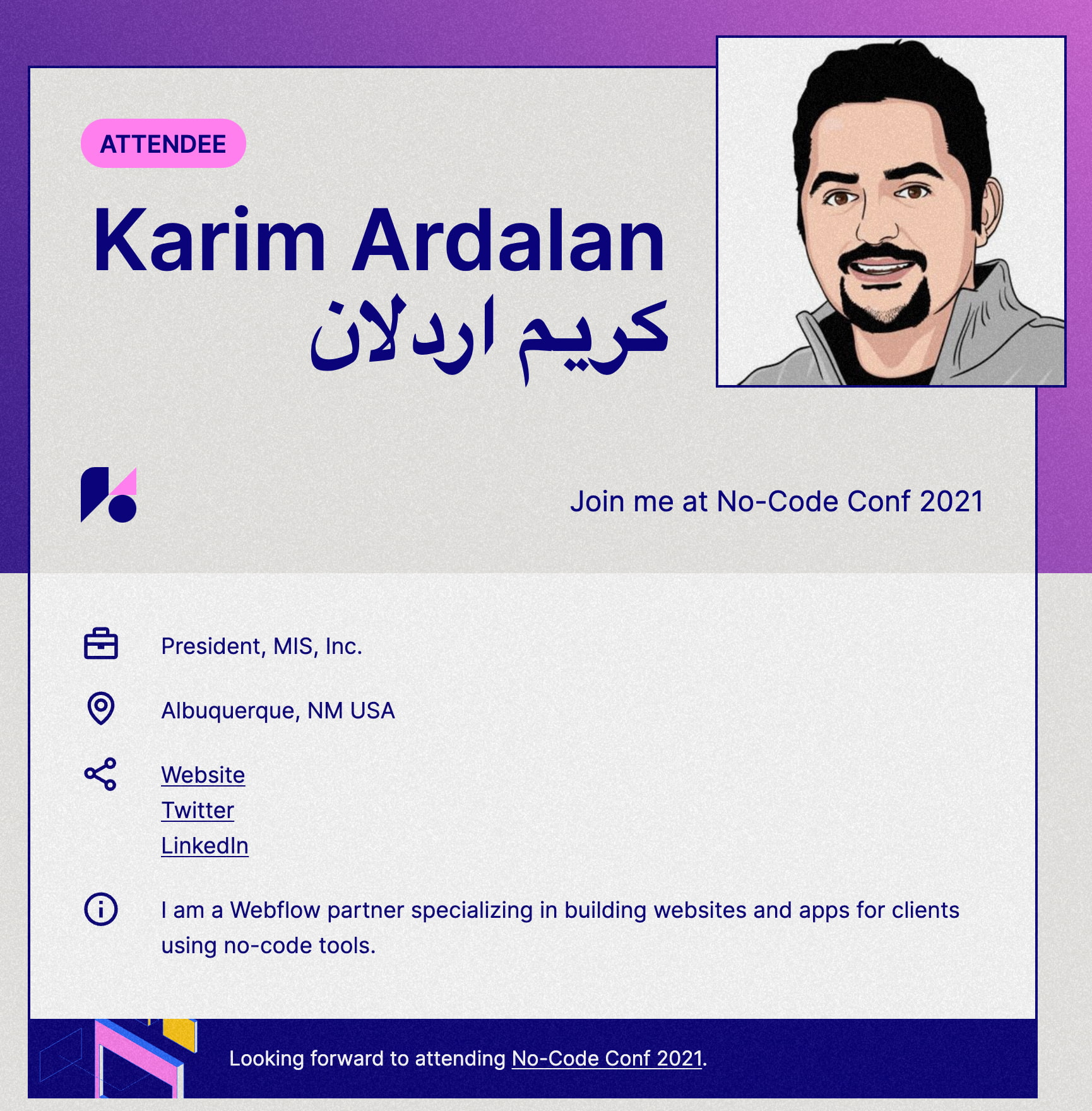 Karim Ardalan’s attendee profile from No-Code Conf 2021