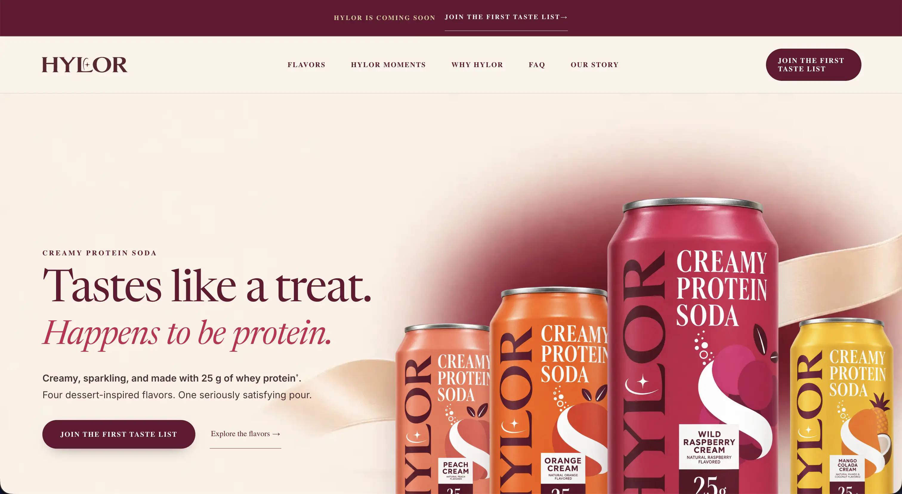HYLOR Shopify storefront homepage showing the four creamy protein soda flavors